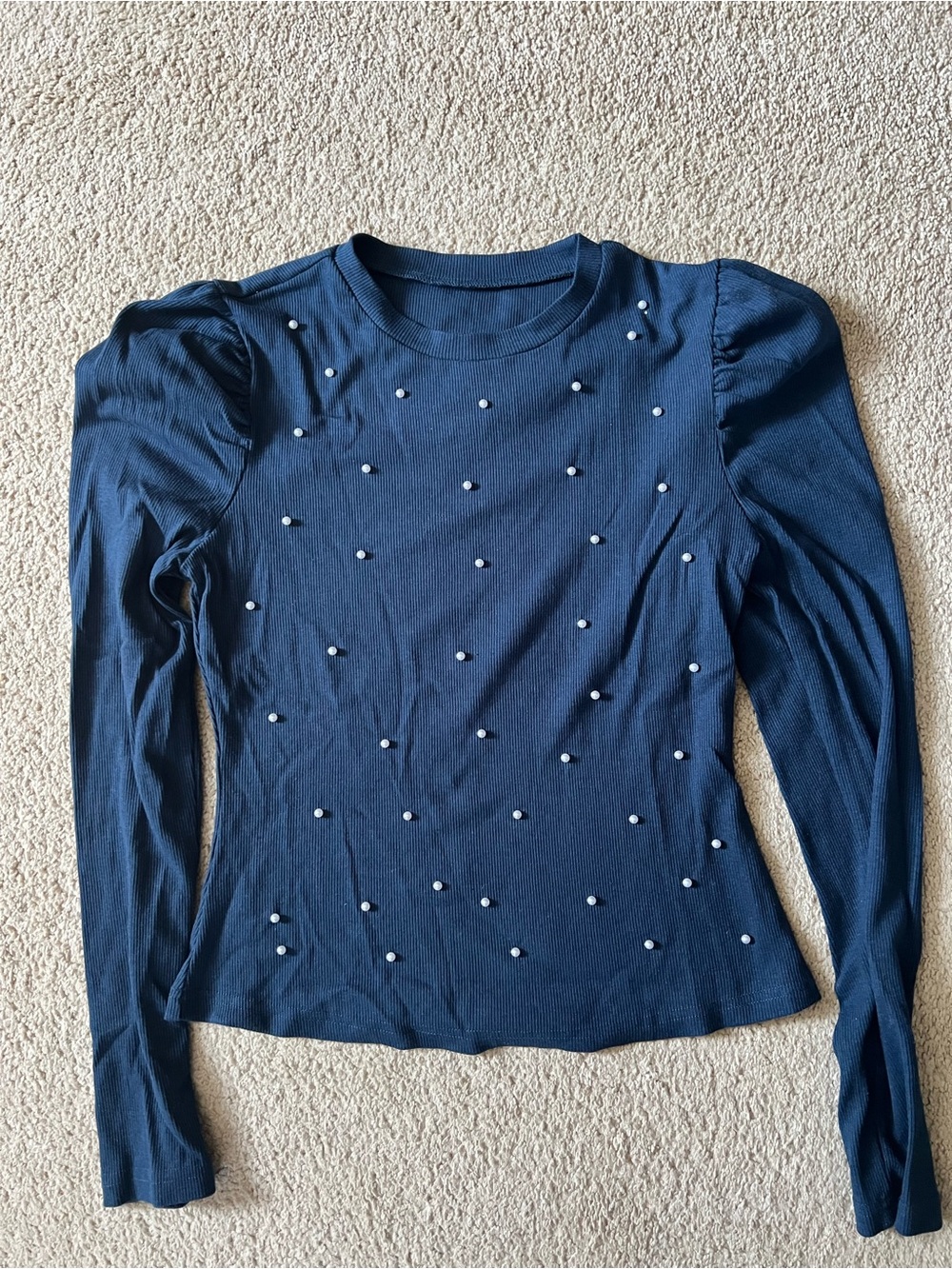 Women’s Navy Pearl-Accent Long Sleeve Top